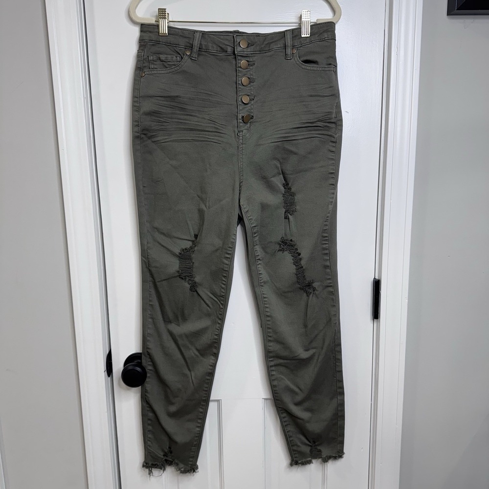 Easel Los Angeles Olive Green Distressed Skinny Jeans Womens Large Button Fly